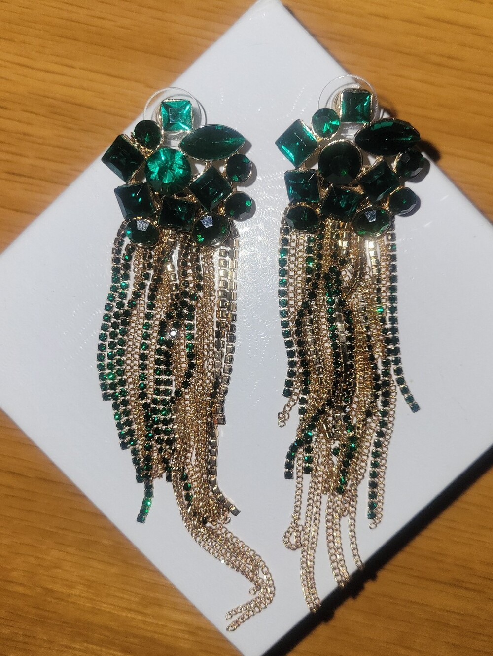 Emerald Cascade Gold-Tone Fringe Statement Earrings